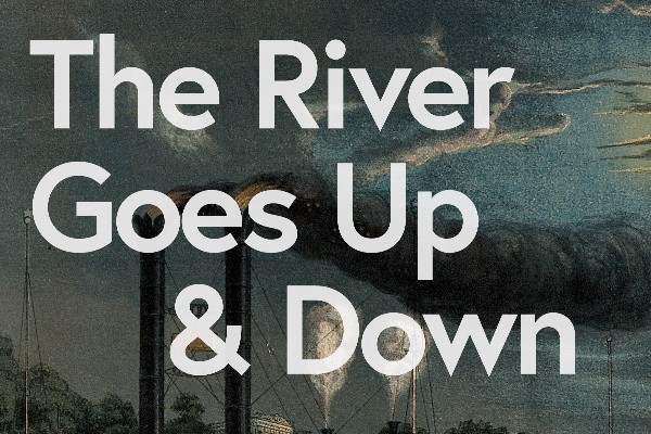 White text over a painting of a river at dusk.