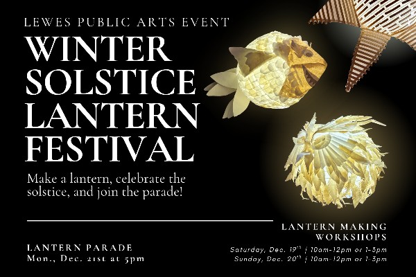 White text on a black background, stating event details, next to three lanterns.
