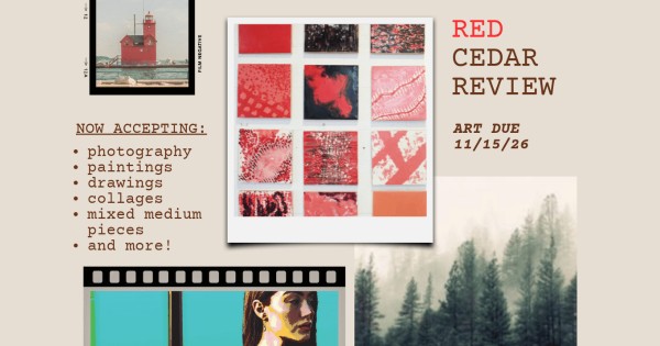 Red and brown text on a beige background with a variety of collages photographs and paintings.