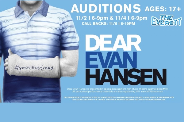 A person wearing a blue striped shirt and an arm cast, with white, blue, and black text stating audition details, all on a blight blue background.