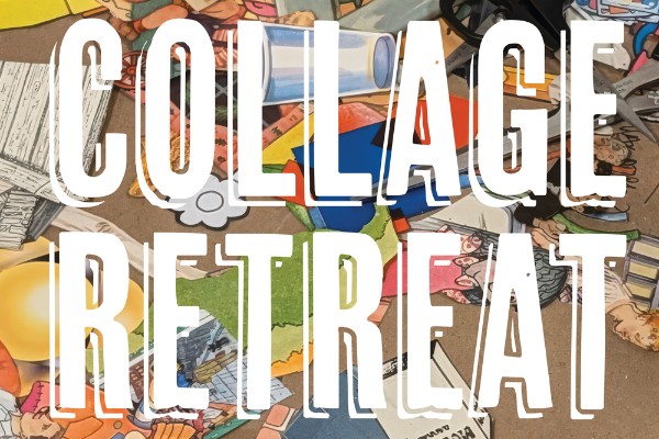 White text over a table cluttered with collaging materials.