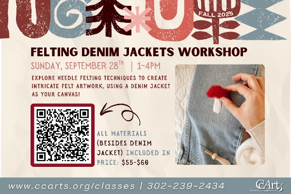 An infographic for Felting Denim Jackets Workshop at Center for the Creative Arts. Taking place on Sunday, September 28th from 1-4PM. Features a photograph displaying an individual needle felting a small red and white mushroom on the sleeve of a denim jacket.