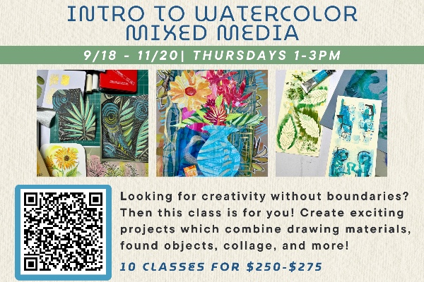Infographic for "Intro to Watercolor Mixed Media" class at Center for the Creative Arts. Taking place on 9/18 - 11/20 for Thursdays from 1-3PM. Features three mixed media project examples, featuring colorful watercolor paints, collage work, and pencil work.