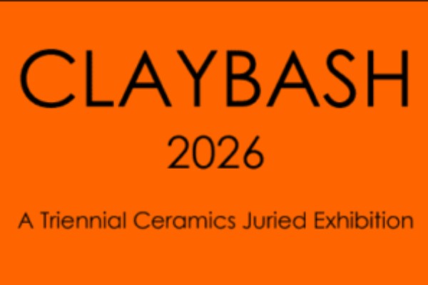 Box with orange background including the words, Claybash, 2026, A Triennial Ceramics Juried Exhibition