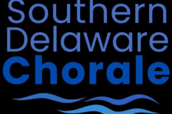 The Southern Delaware Chorale logo- black background with blue sans serif text and three blue waves underneath.