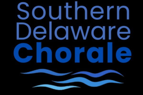 The Southern Delaware Chorale logo- black background with blue sans serif text and three blue waves underneath.